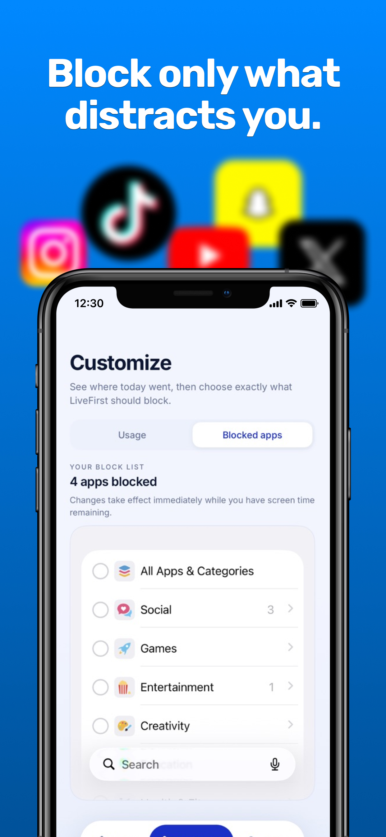 LiveFirst customize screen choosing which apps to block