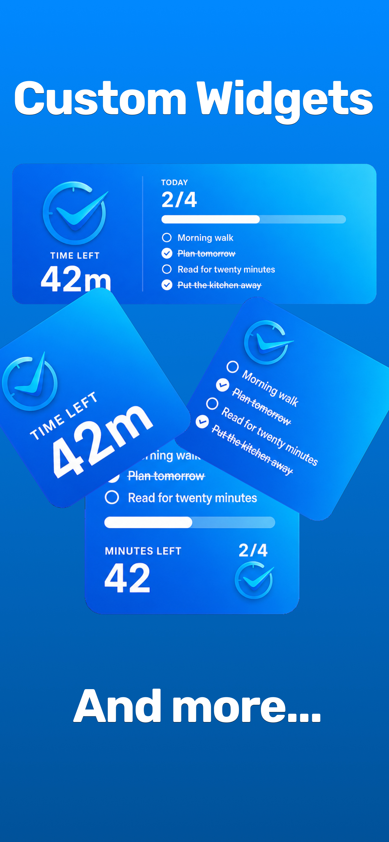 LiveFirst Home Screen widgets showing minutes left and today's task progress