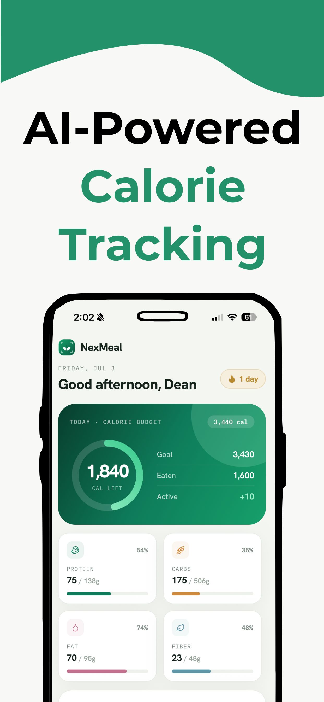 NexMeal home screen showing AI-powered calorie budget and macros